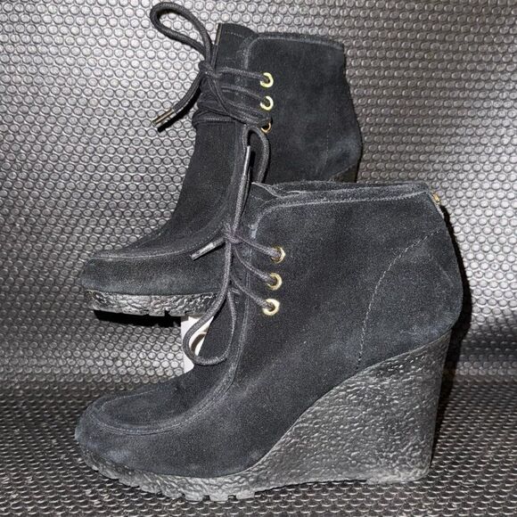 Michael Kors Black Suede Wedge Booties Gold Accent Comfort Shoe Womens Size 6.5M - Picture 1 of 9